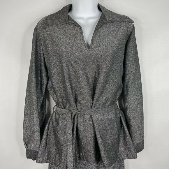 Vintage 70s Disco Avant Garde Gray Silver Glitter Belted Blouse Maxi Skirt Set - Picture 2 of 8